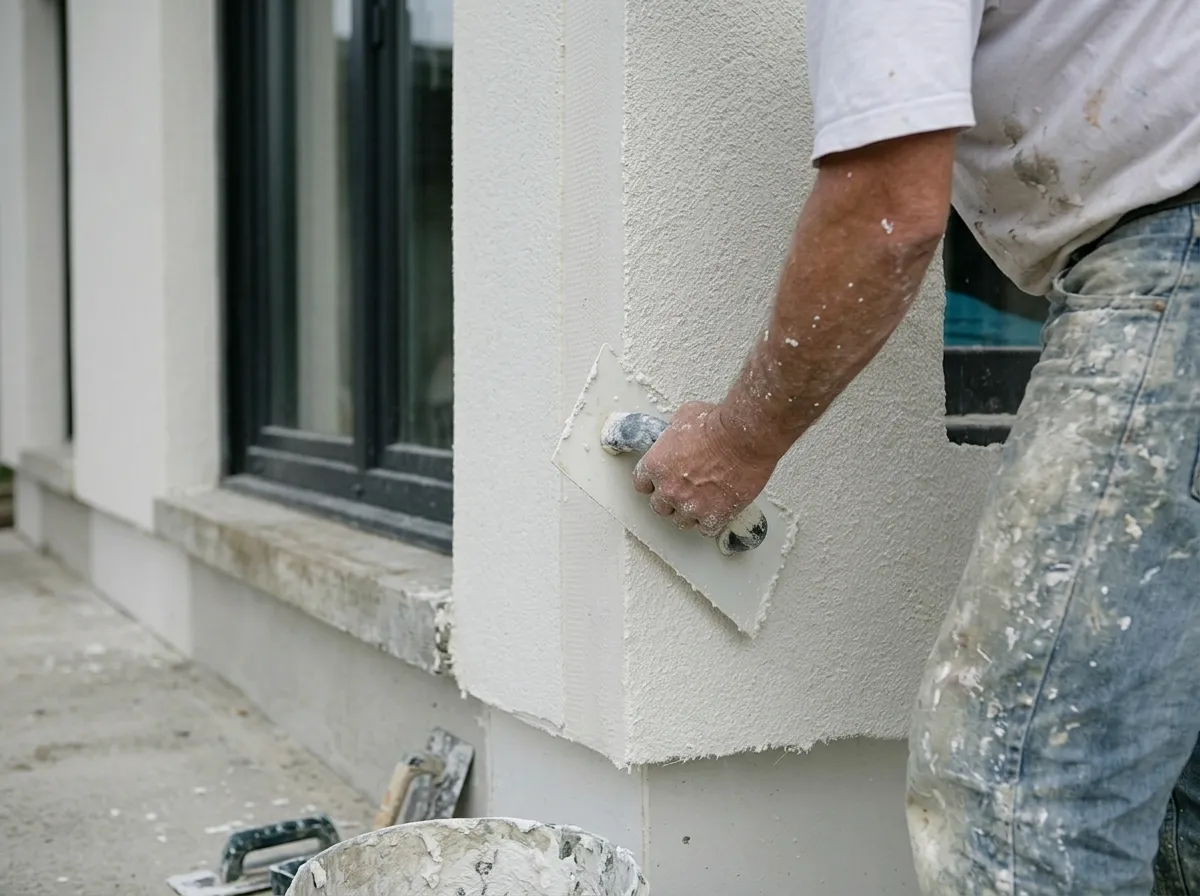 Ein Handwerker streicht eine Wand mit einer Farbrolle in Grau